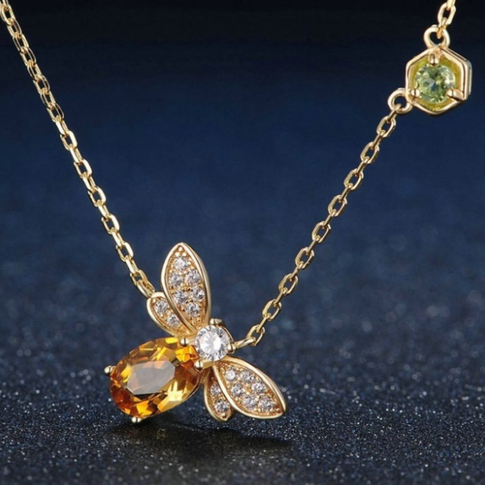 Bee necklace yellow gold tone sterling silver 925 natural citrine peridot